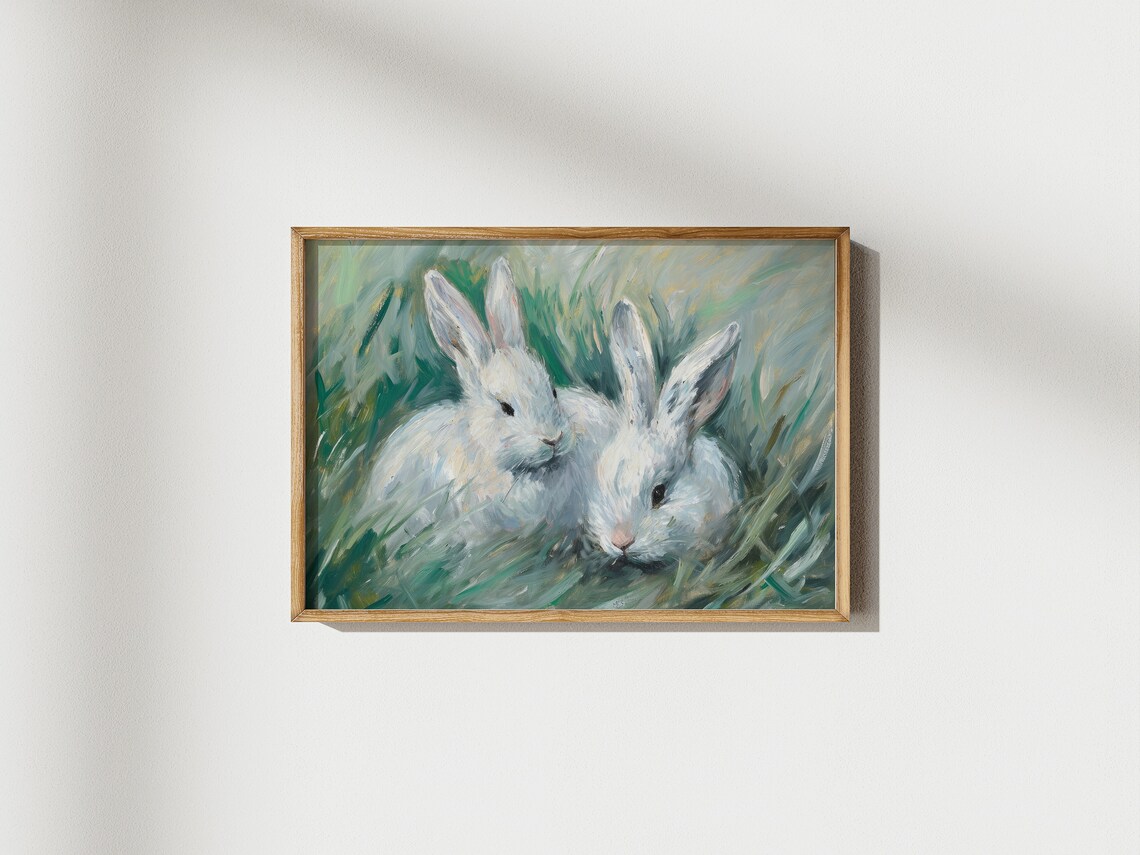 Two White Rabbits Green Grass Vintage Bunny Painting Nursery Farmhouse Art Print - Image 3