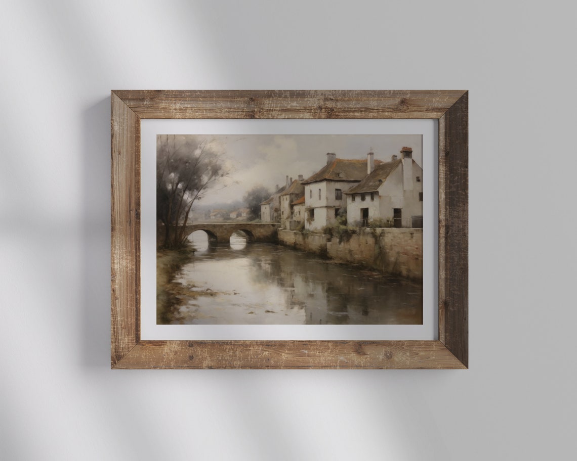 European Village River Stone Bridge Vintage Riverside Town Poster - Image 2