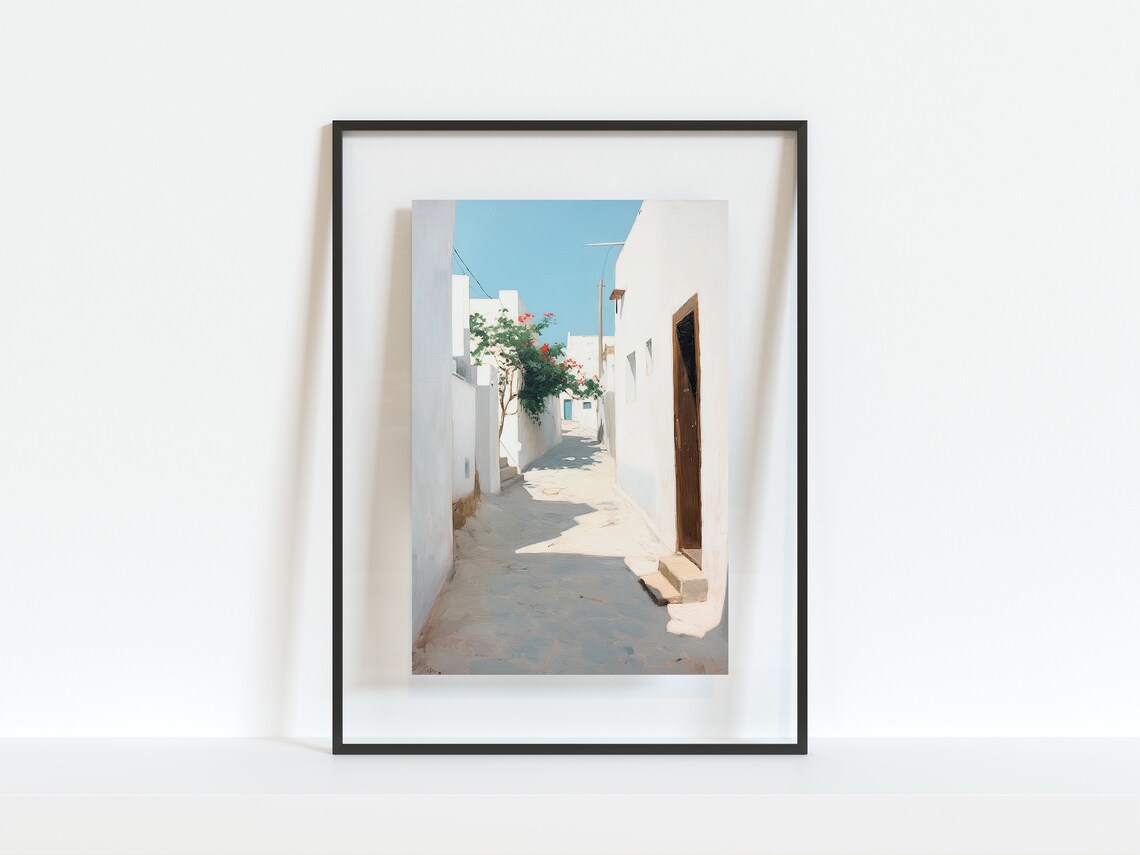 Santorini White Village Street With Bougainvillea Sunny Greek View Poster - Image 2