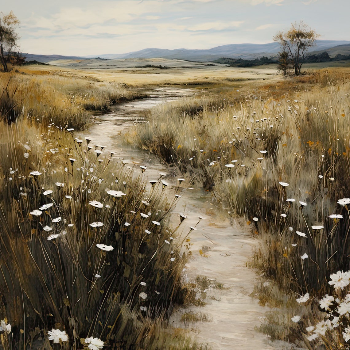 Wild Meadow Field Painting Vintage Meadow Country Land Path Landscape Painting Wildflower Field Print Country House Wall Decor - Image 4