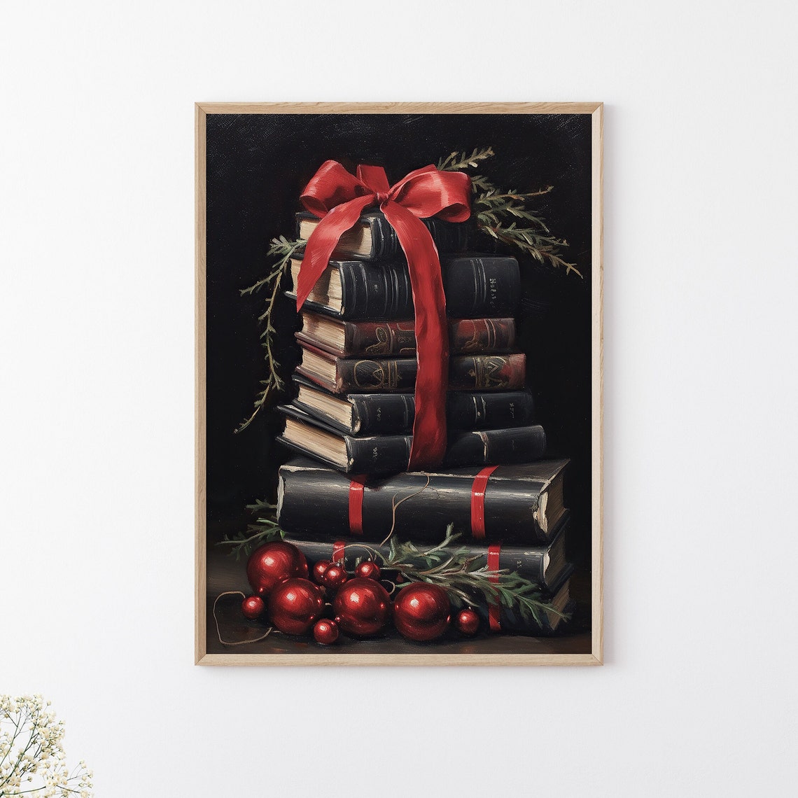 Christmas Books Stack Red Ribbon Dark Academia Holiday Poster - Image 2