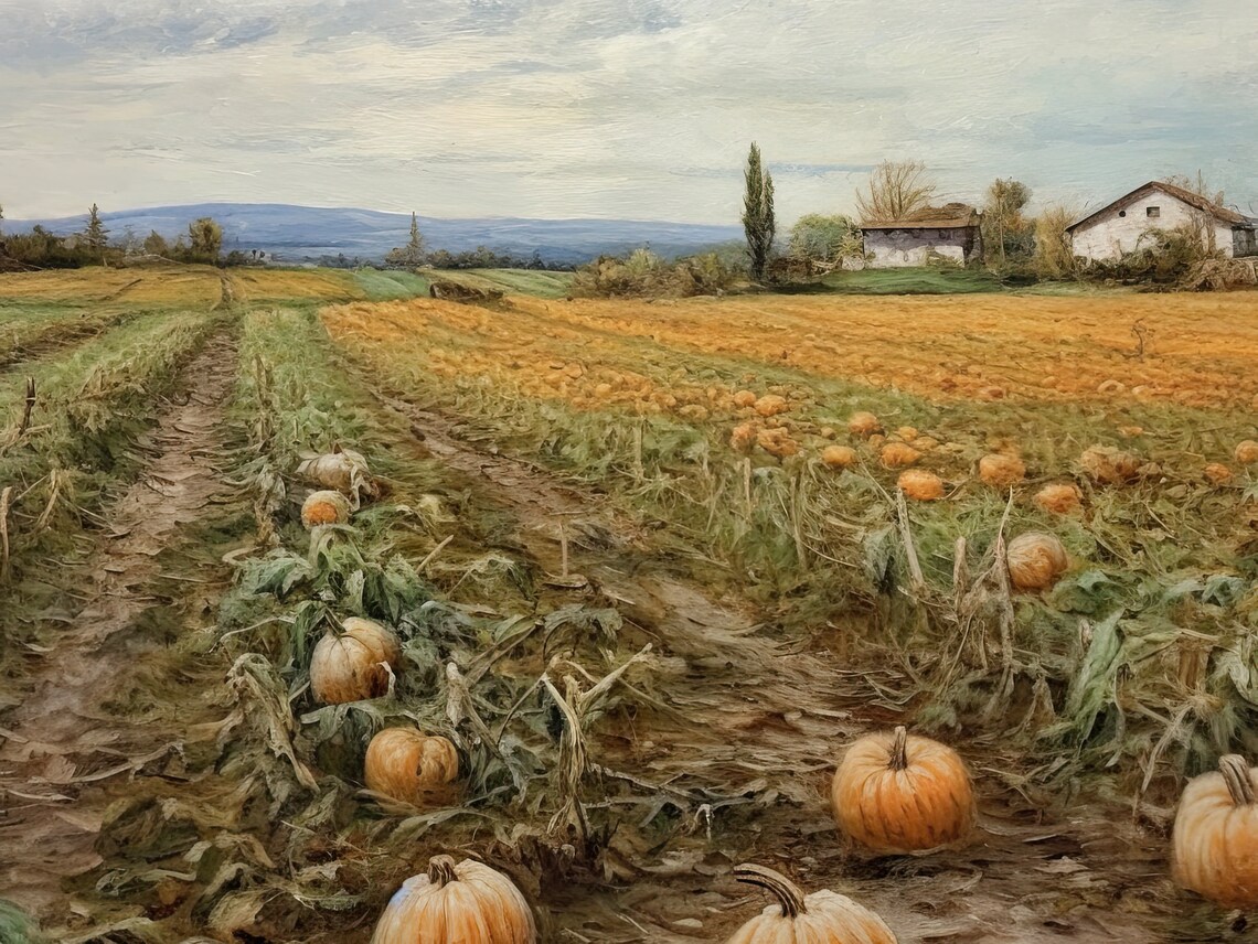 Pumpkin Patch Harvest Field Farmhouses Golden Autumn Country Poster - Image 3