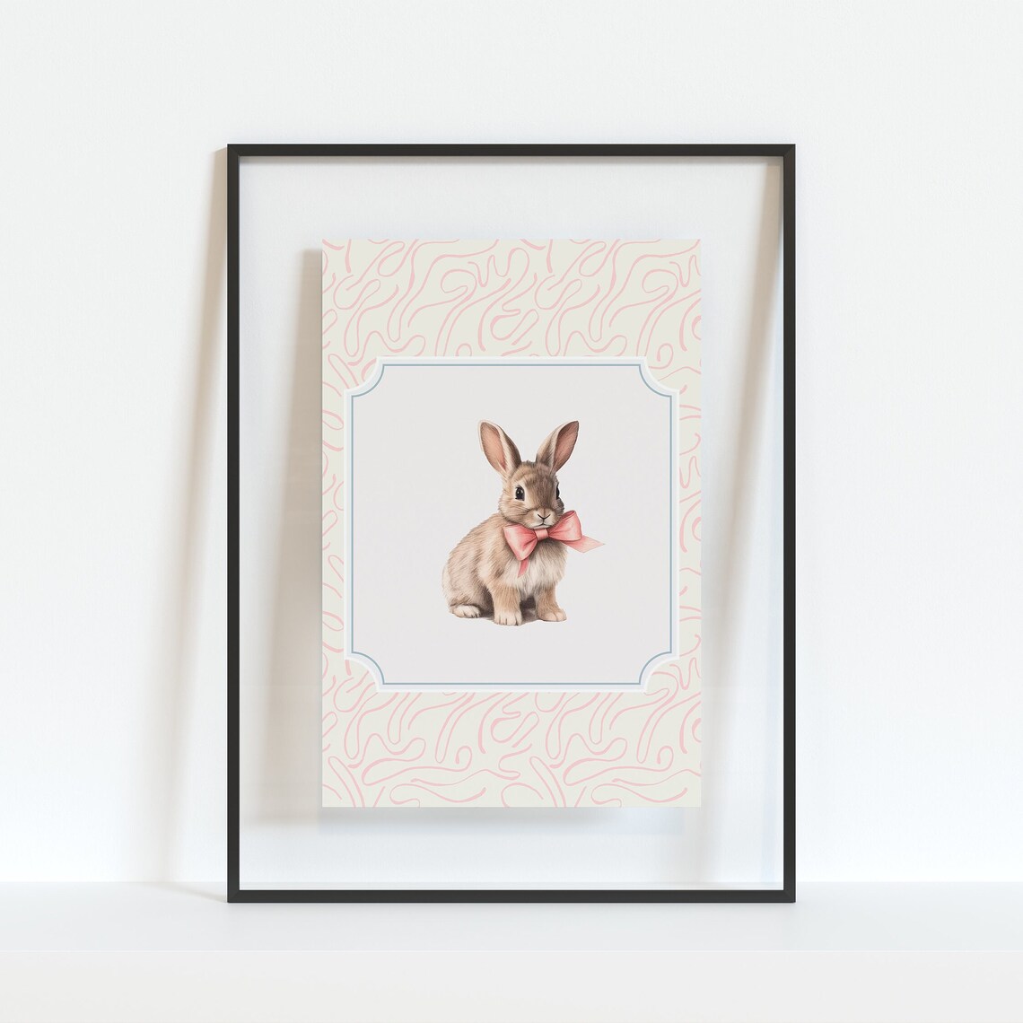 Bunny with Pink Bow Watercolor Sketch Pink Pattern Border Nursery Art Poster - Image 4