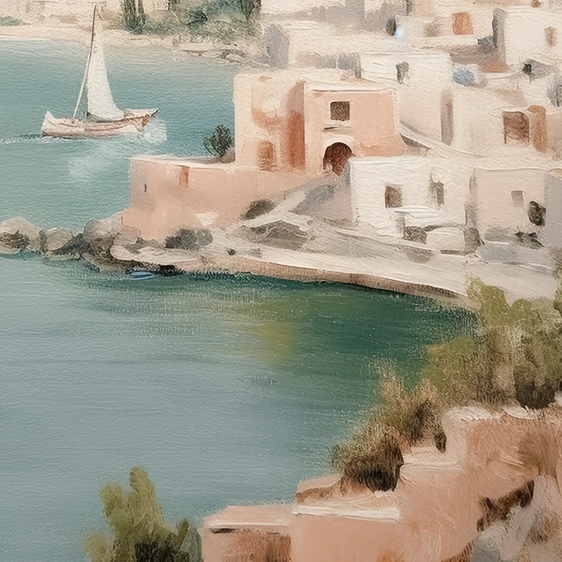 Santorini Greece Coastline With White Houses And Sailboats Travel Poster - Image 3