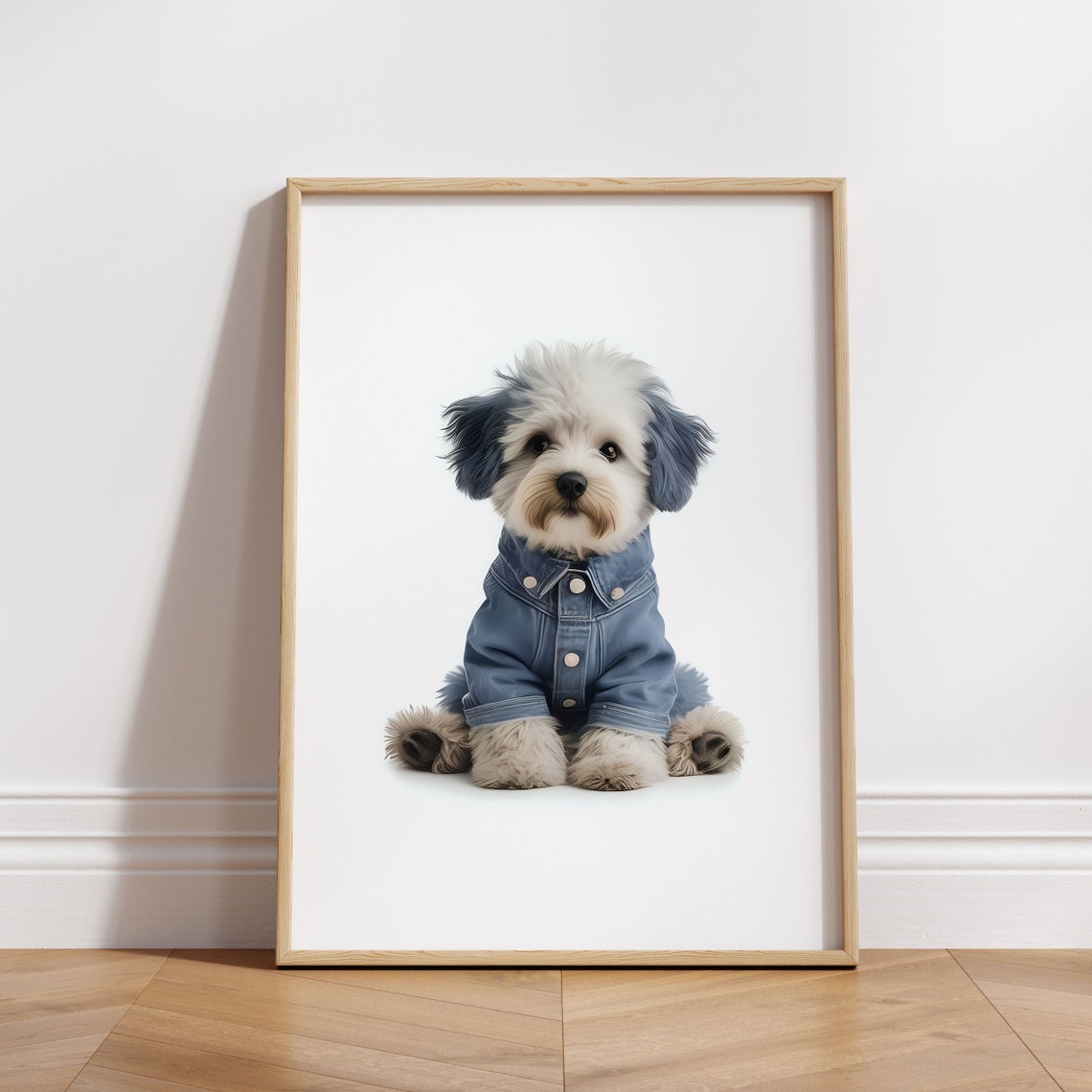 Adorable Fluffy Puppy in Denim Jacket Cute Nursery Animal Poster