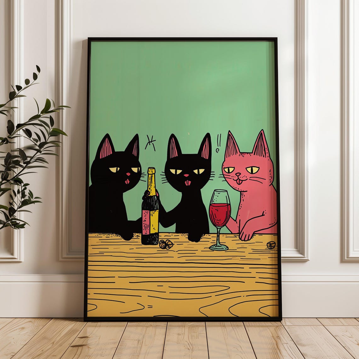 Funny Cats Drinking Wine Together Party Night Comedy Bar Poster