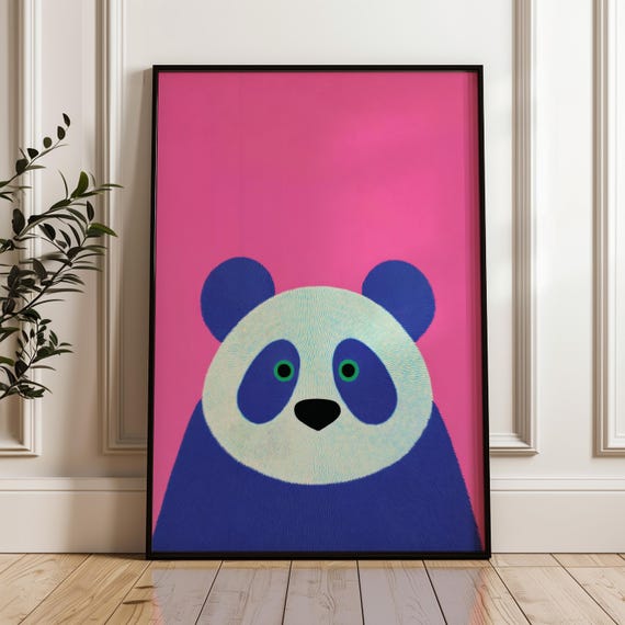Minimal Panda Art Print Modern Pop Poster Blue And Pink Wall Decor Playful Home