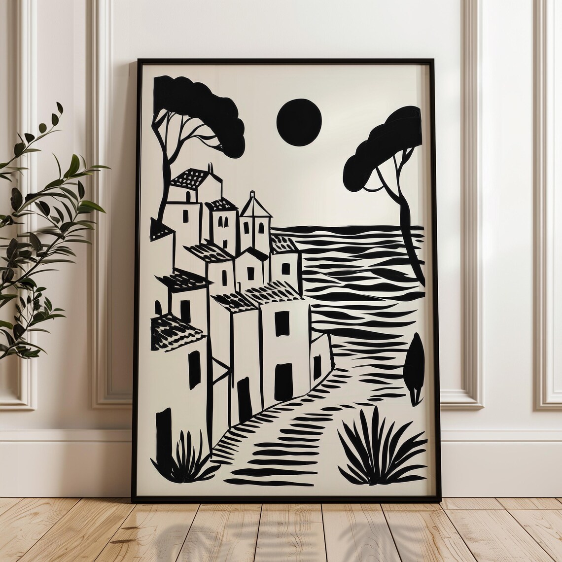 Black White Mediterranean Hillside Village Sea Illustration Poster