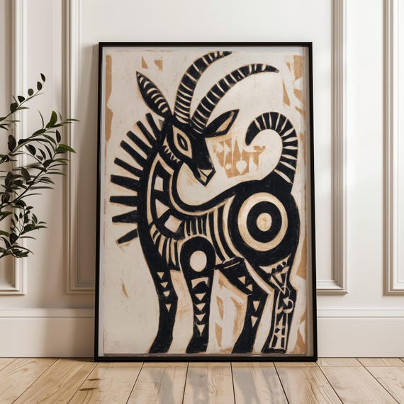 Traditional Mexican Goat Poster Black And Gold On Beige Abstract Geometric Folk Art Print