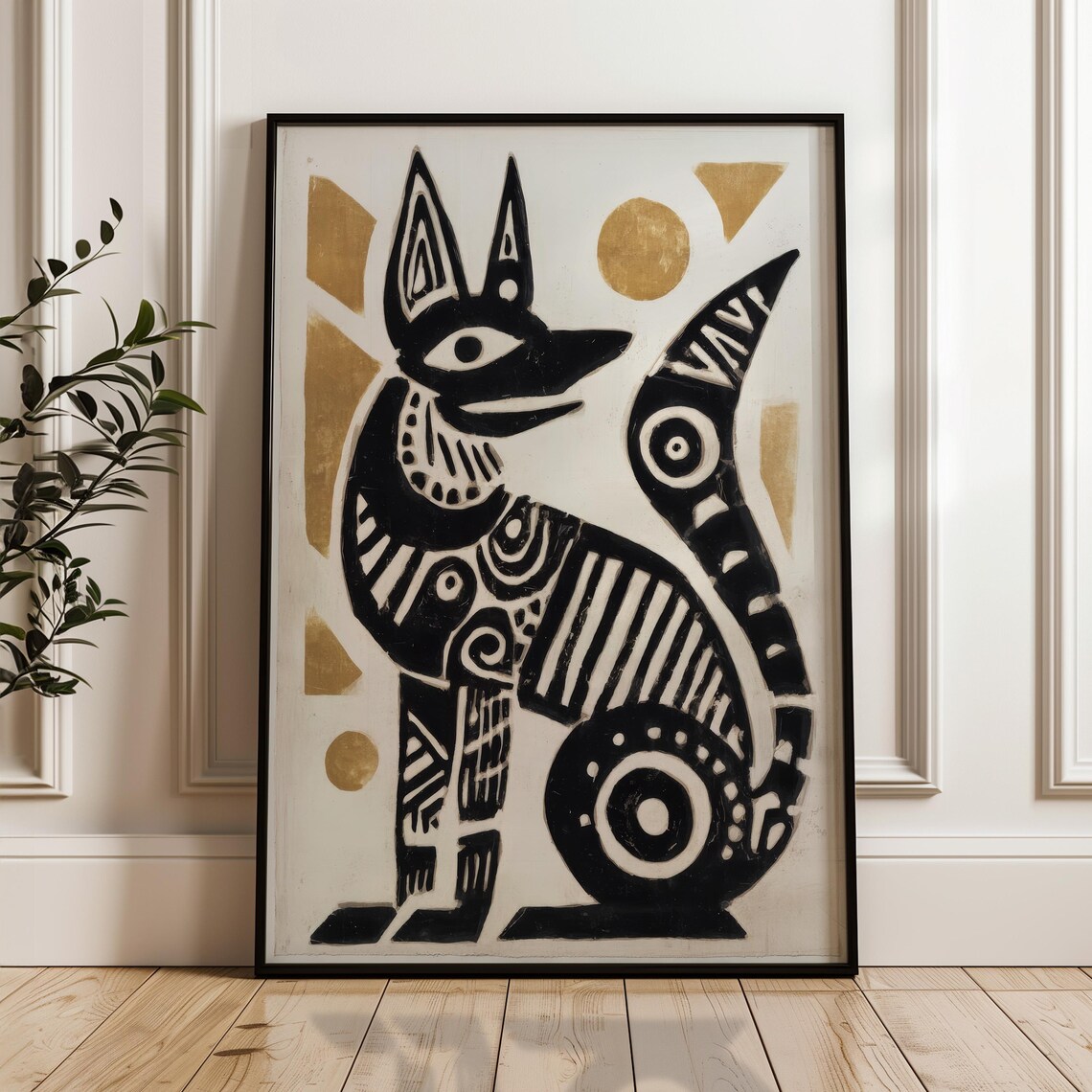 Black And Gold Stylized Cat Modern Abstract Tribal Folk Art Poster