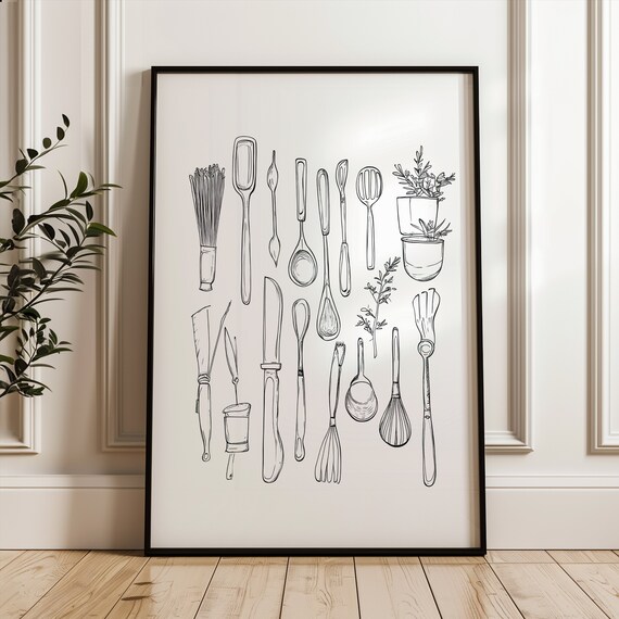 Vintage Kitchen Tools Collection Line Drawing Minimalist Poster