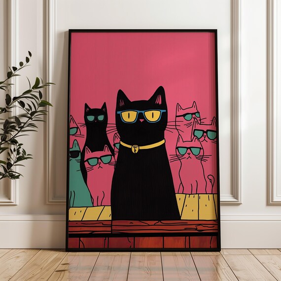 Cool Black Cats In Sunglasses Gang Funny Retro Feline Crew Poster
