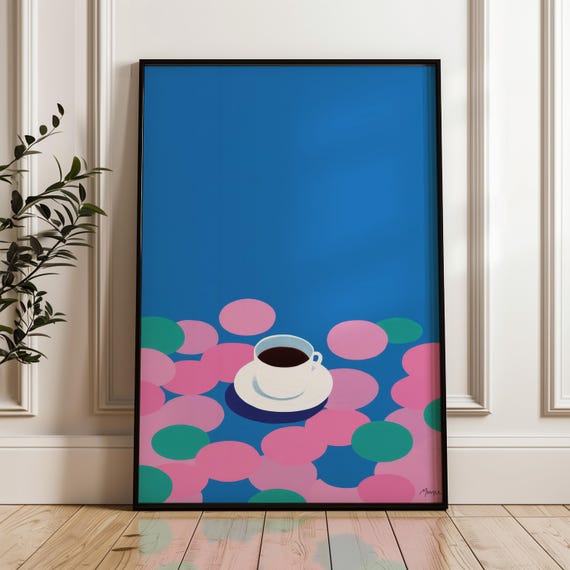 Minimal Coffee Art Print Modern Pop Poster Blue And Pink Wall Decor Playful Home