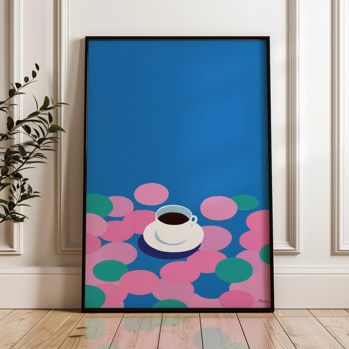White Coffee Cup Minimal Pop Art Blue Pink Background Poster