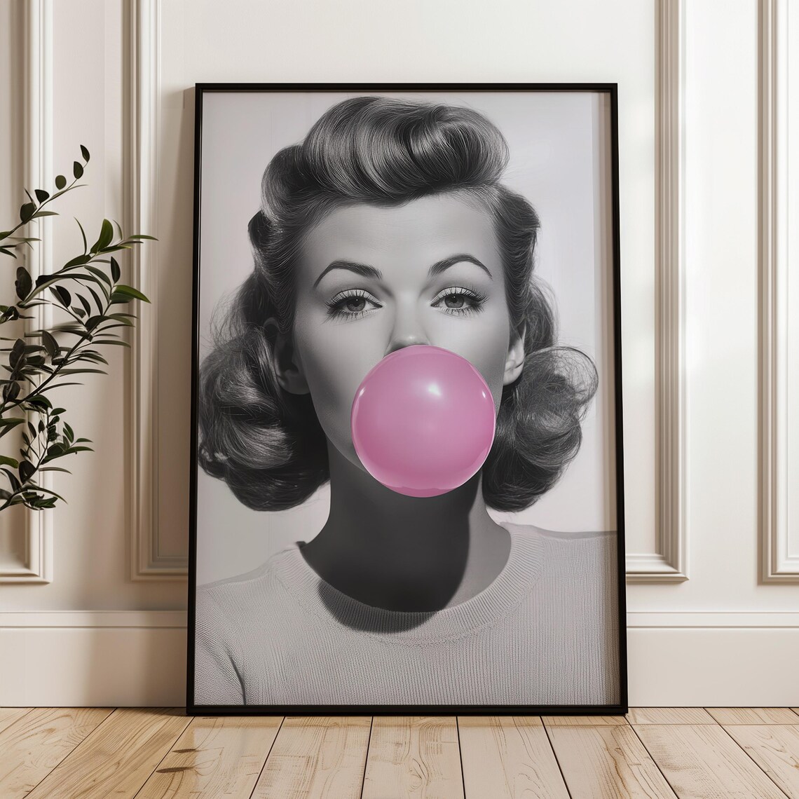 Pink Bubble Gum Pop Art Glam Woman Retro Black and White Poster