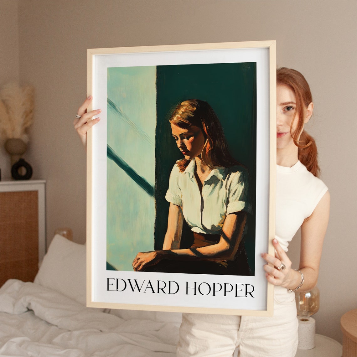 Edward Hopper Style Woman by Window Warm Light Mid Century Poster
