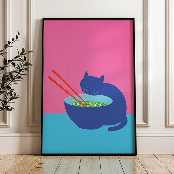Cute Cat Eating Noodles Minimal Pop Art Poster Pink And Blue Bowl