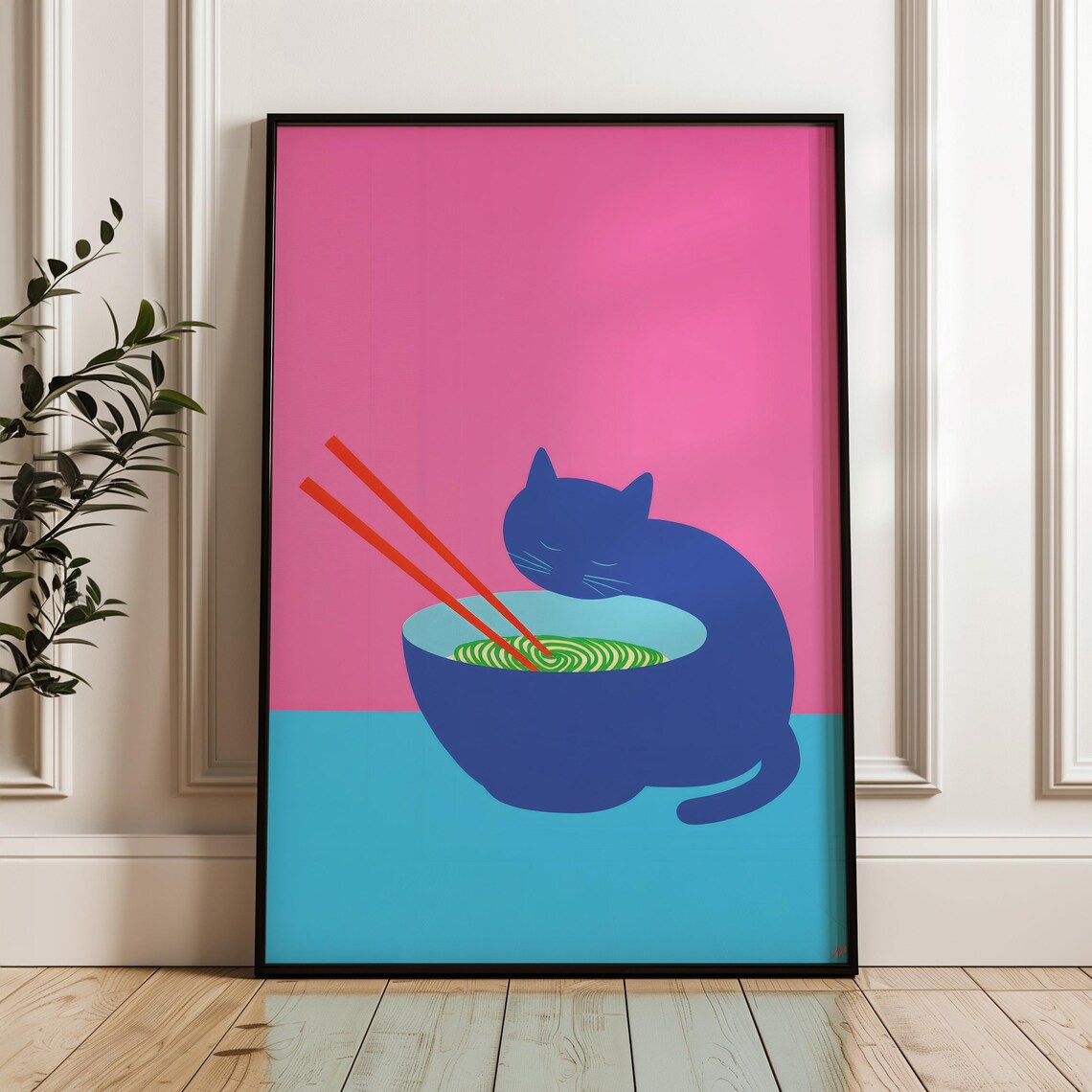 Cute Cat Eating Noodles Minimal Pop Art Poster Pink And Blue Bowl