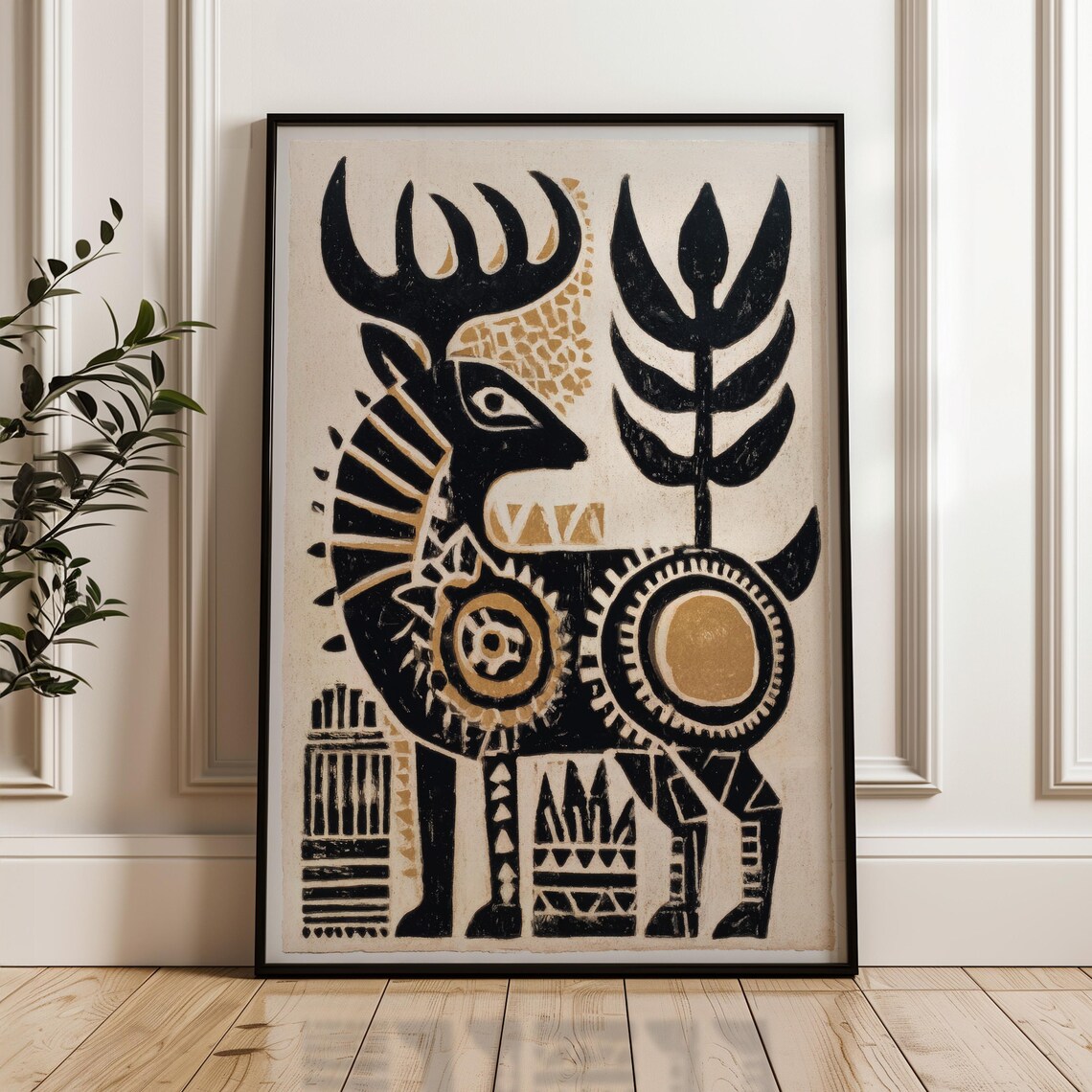 Black Gold Geometric Stag Antlers Tribal Folk Abstract Wildlife Poster