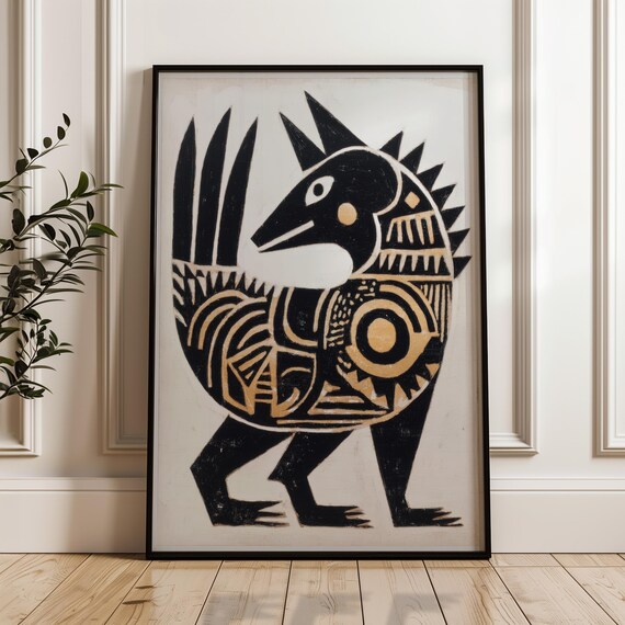 Black Gold Stylized Tribal Animal Geometric Folk Abstract Beast Poster