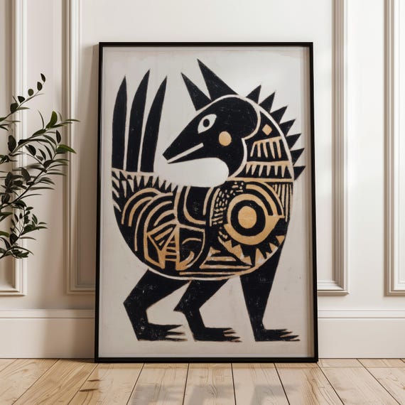 Traditional Mexican Animal Poster Black And Gold On Beige Abstract Geometric Folk Art Print