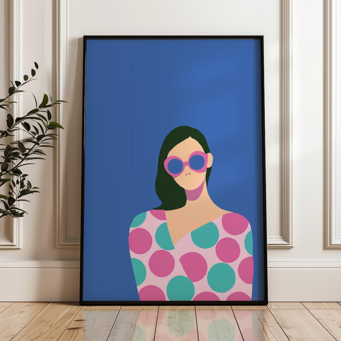 Woman with Sunglasses Polka Dot Dress Blue Pop Art Portrait Poster