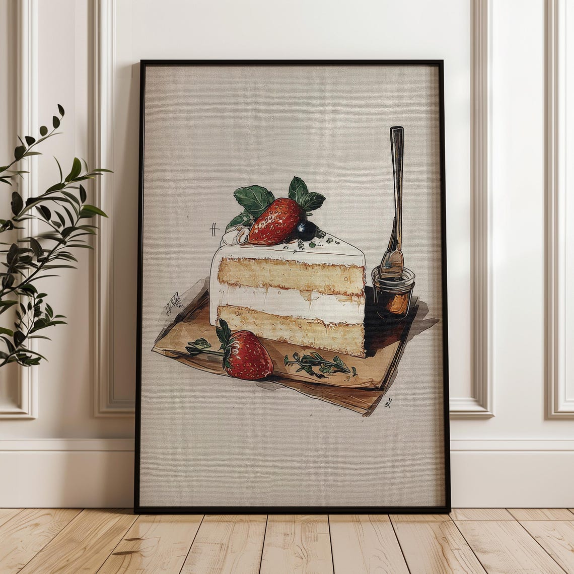 Strawberry Cake Slice Watercolor Hand Drawn Kitchen Art Poster