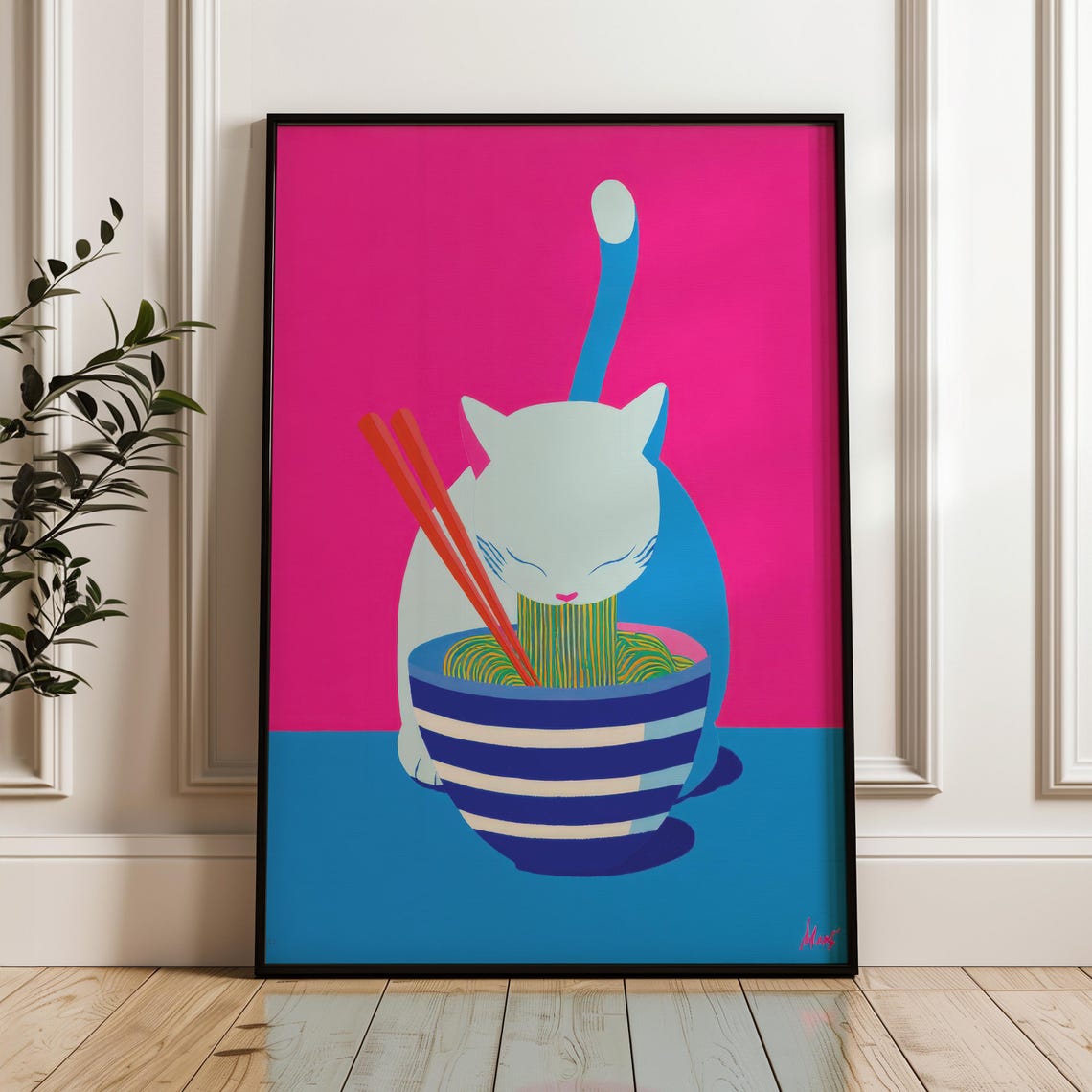 Funny Cat Eating Ramen Pop Art Print Pink Blue Kitchen Decor