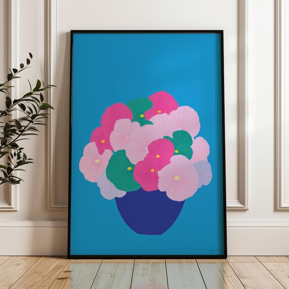 Pink and Teal Flower Bouquet Minimalist Pop Art Blue Background Print