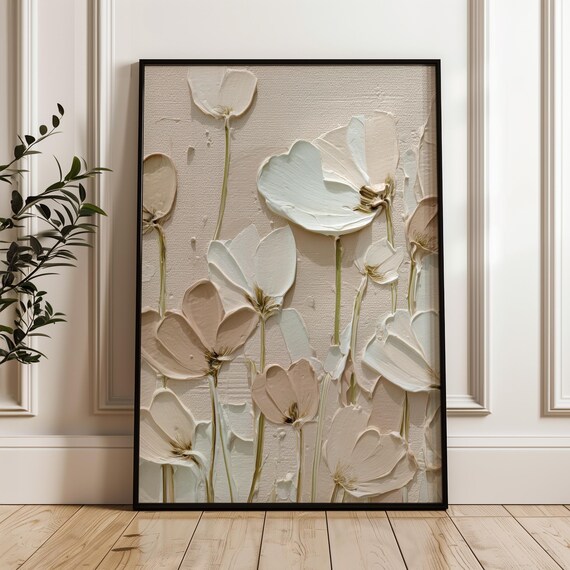 Cream Poppies 3D Textured Floral Neutral Botanical Modern Wall Art