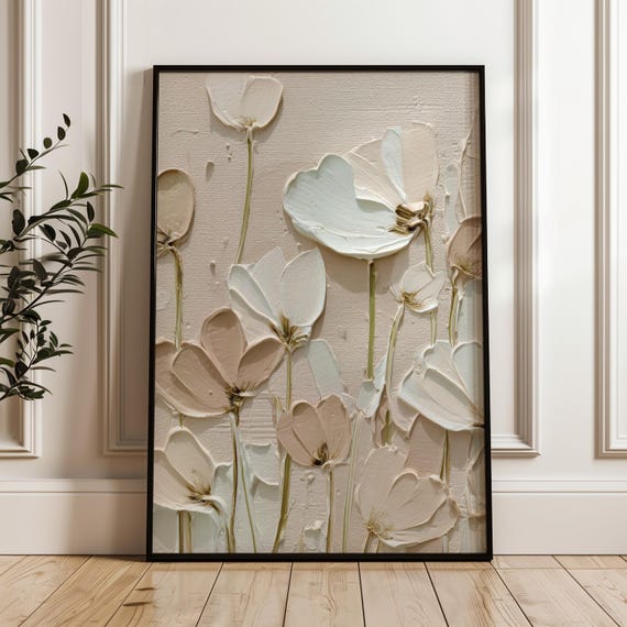 Neutral Abstract Wall Art Textured Palette Knife Print Beige Minimalist Decor Modern Floral Painting