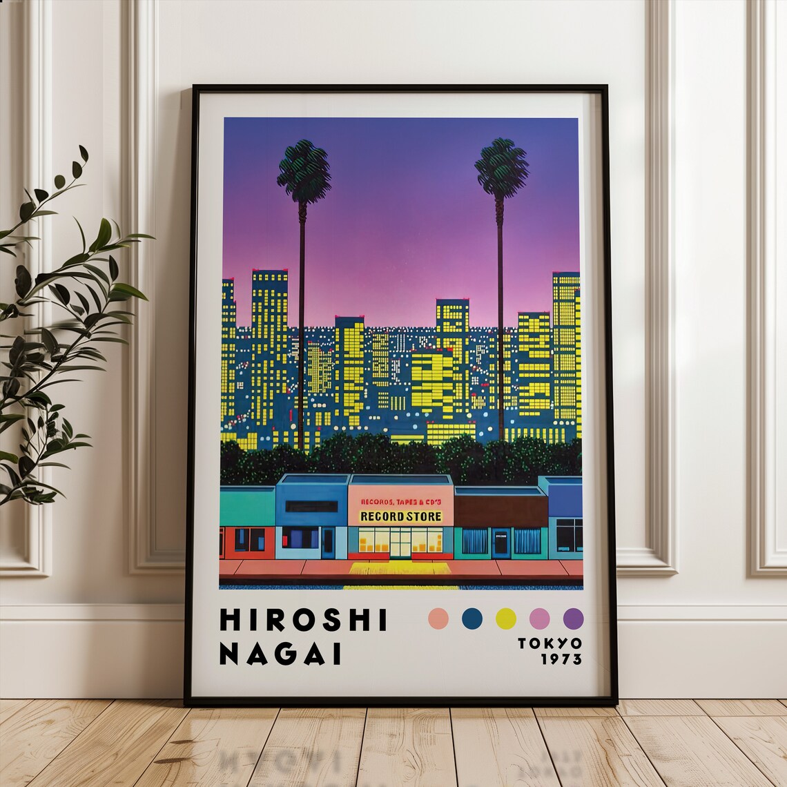 Hiroshi Nagai Neon City Dusk Palms Record Store Retro City Pop Poster