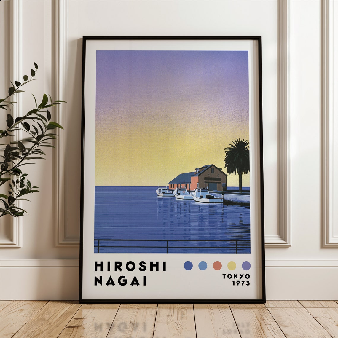 Hiroshi Nagai Tokyo 1973 Harbor Boats Sunset Boathouse Art Poster