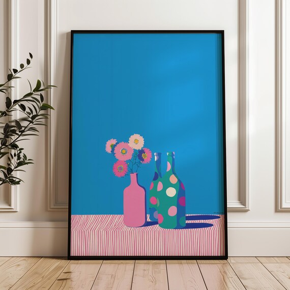 Pop Still Life With Patterned Bottles And Flowers On Striped Table Poster