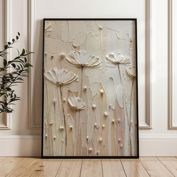 Textured Neutral Floral Beige Plaster Flowers Modern Wall Art