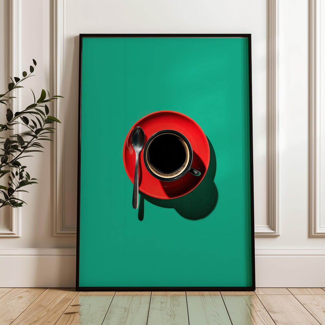 Bold Red Coffee Cup On Teal Green Minimalist Top Down Art Poster