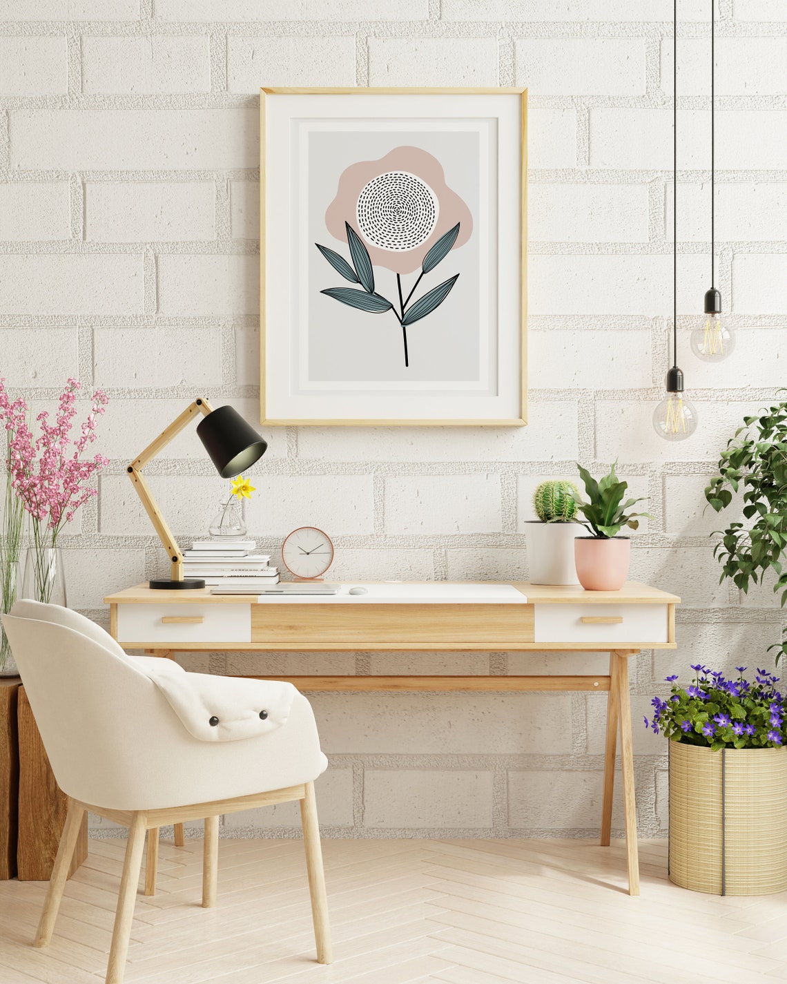 Boho Abstract Flower Blush Pink Teal Mid Century Modern Wall Art - Image 2