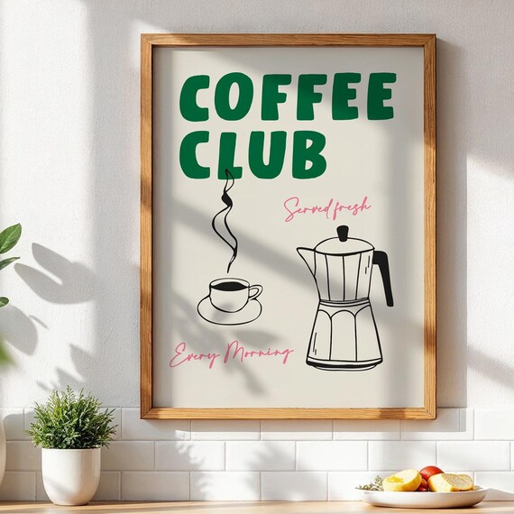 Coffee Club Green Lettering Kitchen Poster With Moka Pot Line Illustration