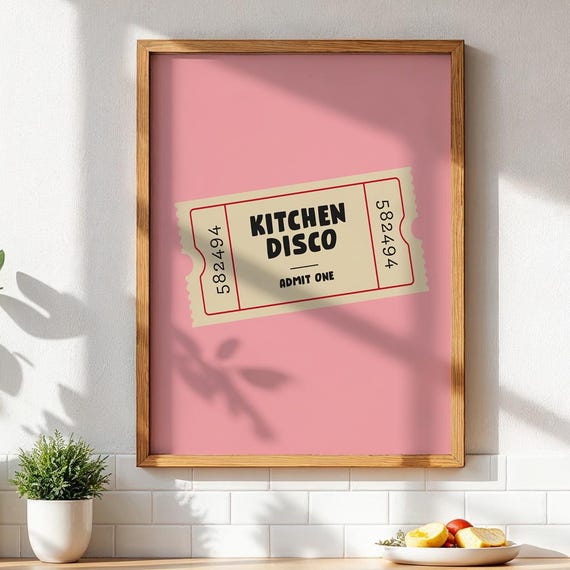 Kitchen Disco Print Wall Art Funny Decor Retro Ticket Graphic Pink Natural