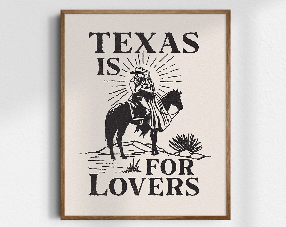 Texas Is For Lovers Black Line Art Kissing Couple Horse Poster