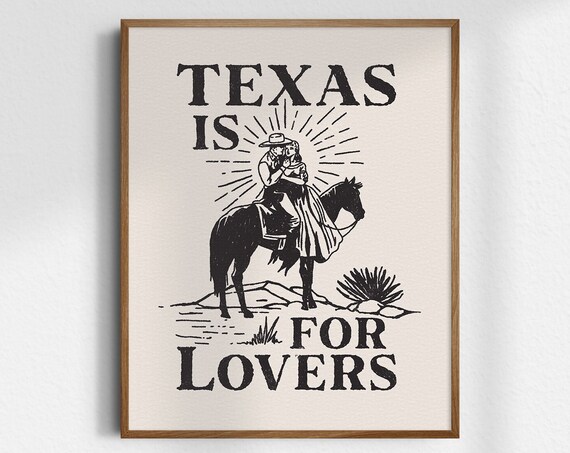 Texas Is For Lovers Black Line Art Kissing Couple Horse Poster