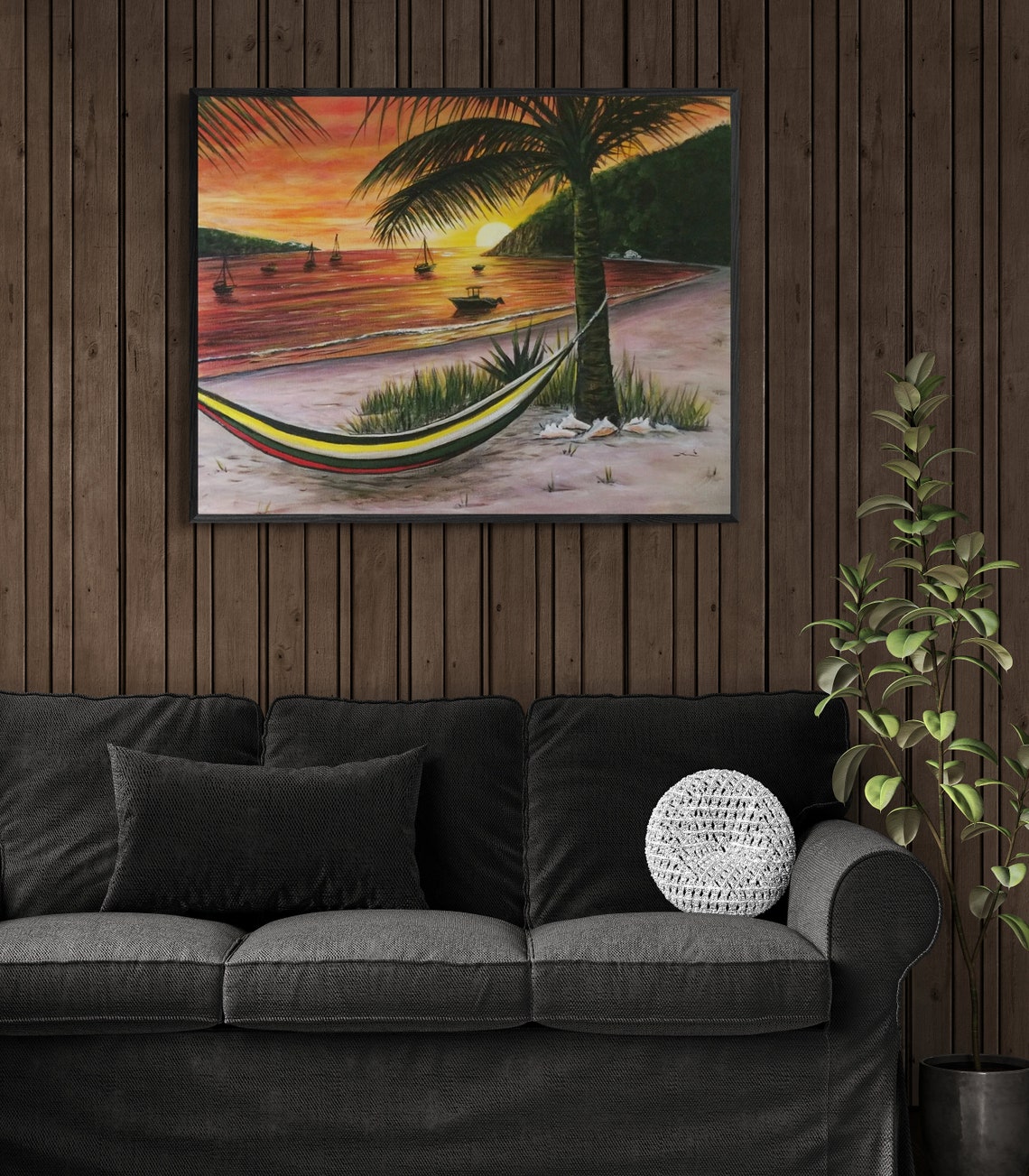 Tropical Beach Sunset Sailboats Hammock Palm Trees Coastal Poster - Image 3