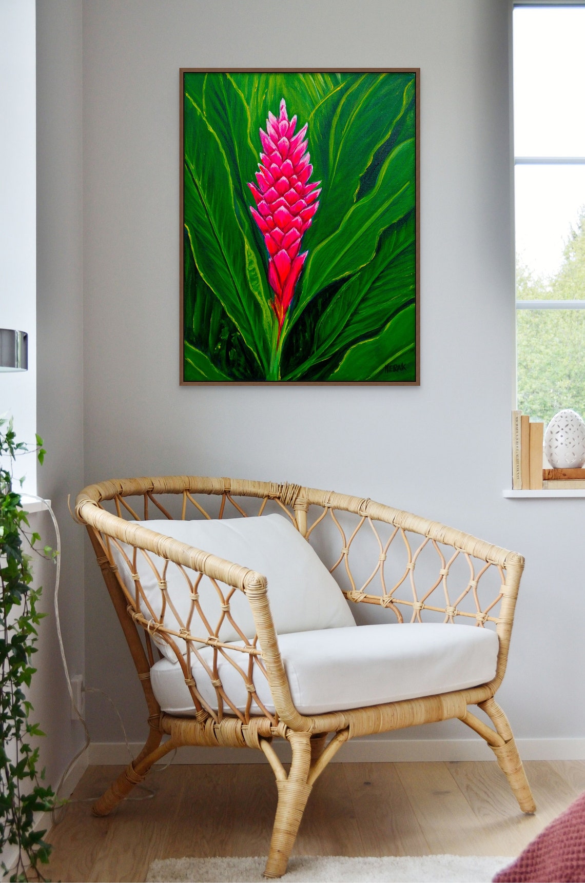 Pink Torch Ginger Flower Painting Tropical Bloom Green Leaves Poster - Image 3