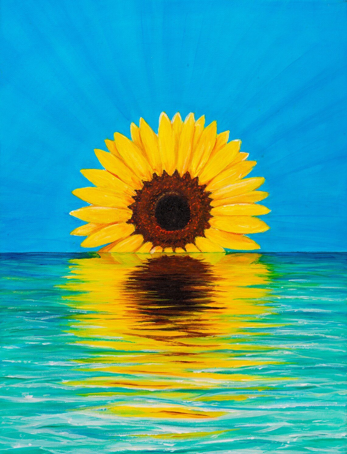 Sunflower Rising Over Water Painting Yellow Bloom Turquoise Sea Poster - Image 4