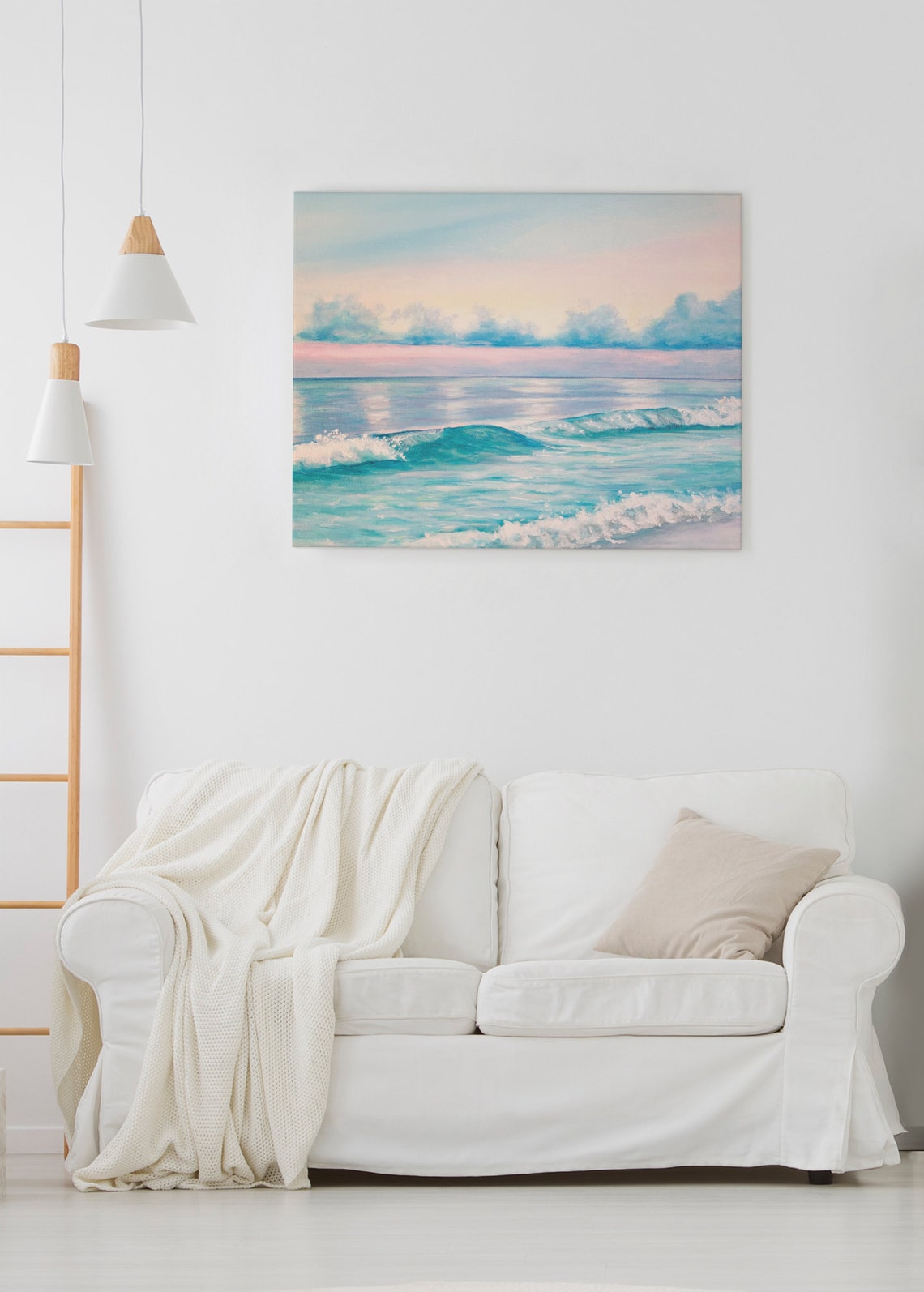Turquoise Ocean Waves Dusk Seascape Pink Sky Beach Art Poster - Image 2