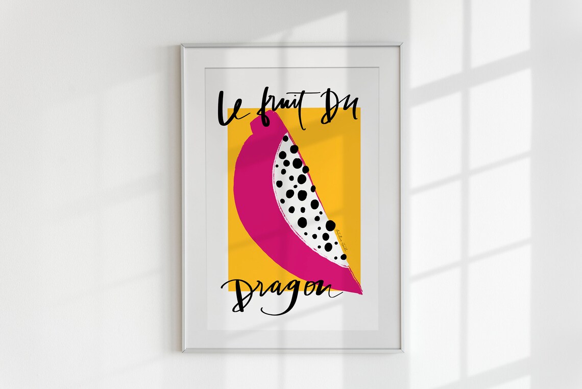 Le Fruit Du Dragon Pink Dragon Fruit Tropical Yellow French Poster - Image 3