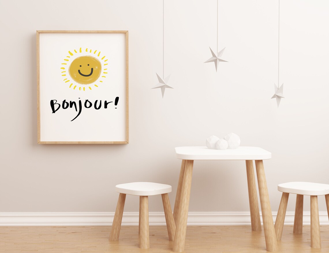 Bonjour Happy Sunshine Smiling Sun Kids Nursery French Wall Poster