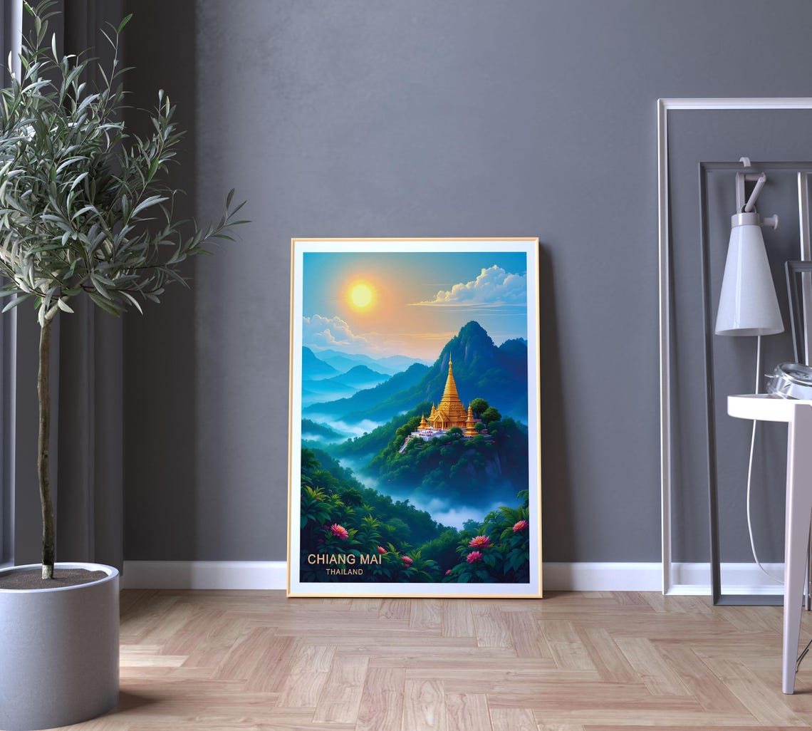 Chiang Mai Thailand Golden Mountain Temple Misty Sunrise Poster - Image 5
