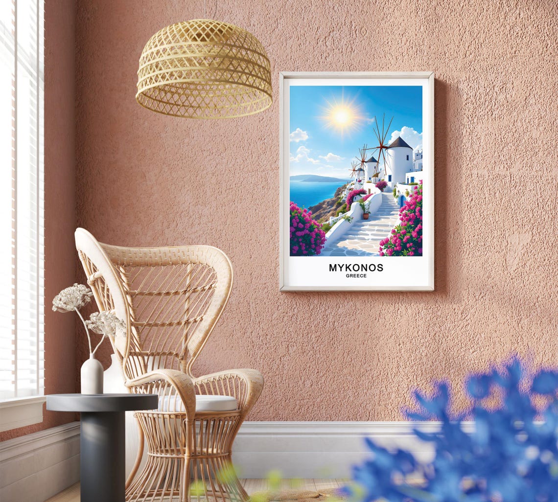 Mykonos Greece Windmills Whitewashed Alley Bougainvillea Sea Poster - Image 2