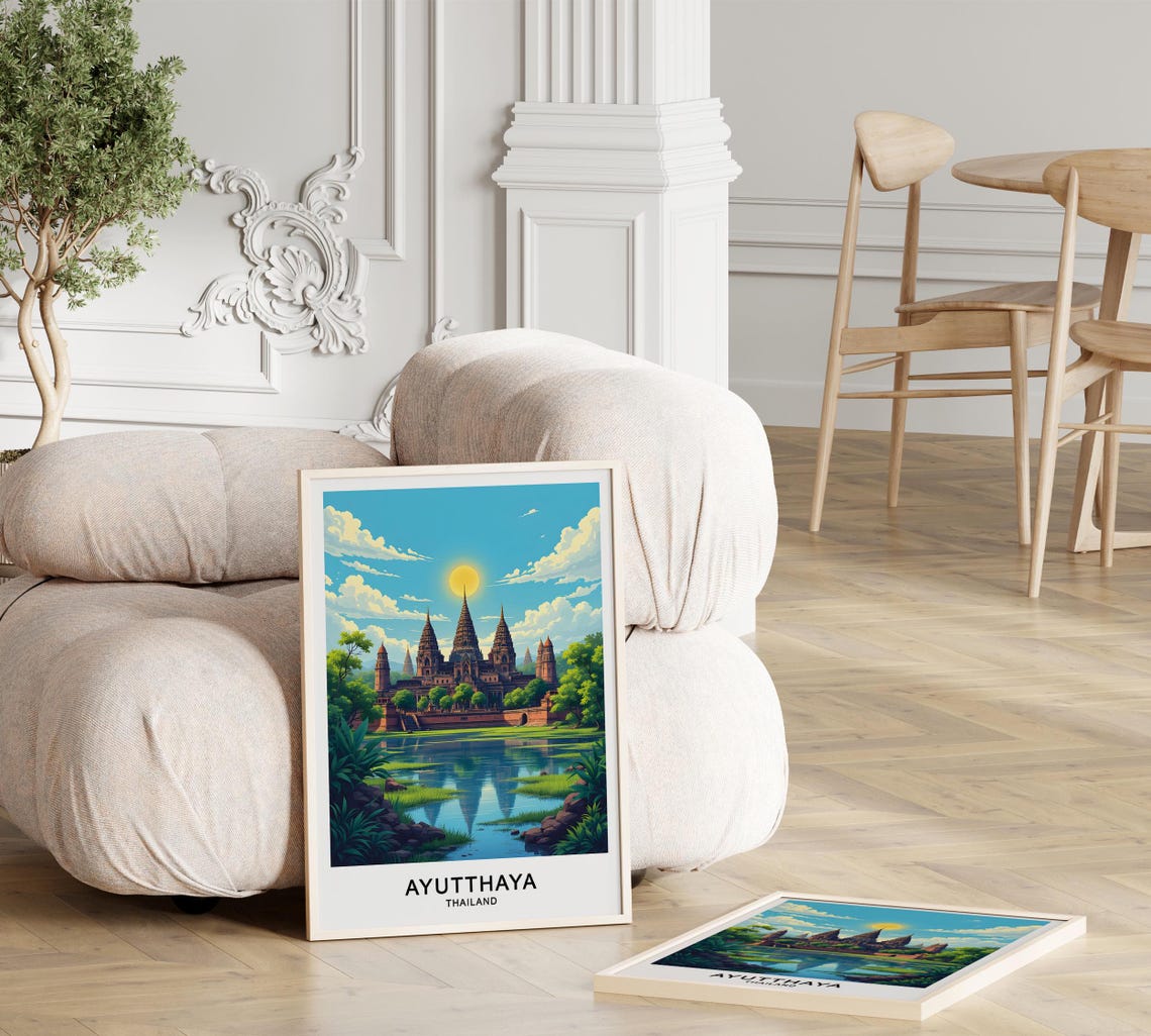 Ayutthaya Thailand Ancient Temple Spires Still Water Reflection Poster - Image 3